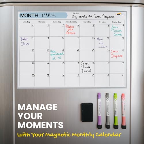 Quick Canary Magnetic Fridge Calendar - 17x12¡± Stain-Resistant Dry Erase Board - Starts Sunday, Strong Magnet, Organizes 2025 Family Events, Routines, Reminders - With 4 Markers & Eraser