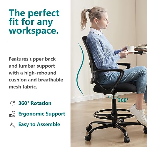 DUMOS Drafting Chair - Counter Height Adjustable Tall Office Desk Chair with Fixed Armrests and Comfortable Lumbar Support for Standing Desk, Deep Black