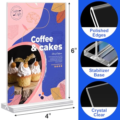 24 Pack 4x6 Acrylic Sign Holders Double-Sided Clear Display Stands for Menus & Flyers
