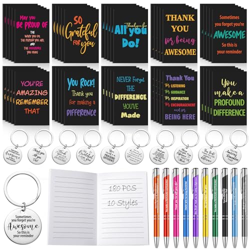 Yeaqee 180 Pcs Employee Appreciation Gifts Inspirational Notebooks Motivational Pens Thank You Keychains Thank You Gifts for Teacher Women Team Coworkers