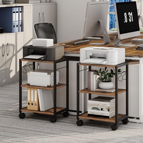 Printer Stand, 3-Tier Under Desk Rolling Cart with Storage Shelf, Heavy Duty Printer Table with Wheels for Home and Office, Printer Shelf with 2 Hooks, Small Spaces, Rustic Brown PTHR4001Z