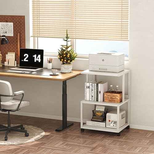 Mexin White 3 Tier Printer Table with Wheels, Industrial Rolling Cart with Storage Shelf for Scanner Fax, Home Office Use, 17.5 x 11.8 Inches