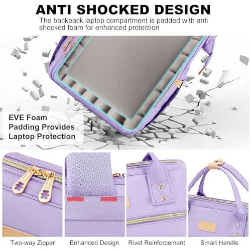 Lunch Backpack, 15.6 inch Laptop Backpack with Insulated Lunch Bag, Backpack Cooler for Women, Large Travel Backpack Lunch Box Compartment, Work Computer Backpack, Teacher College Book Bag, Purple
