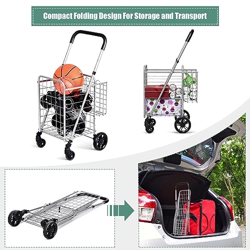 Byroce Utility Folding Shopping Cart, Lightweight Trolley with Handle, Large Grocery Utility Cart with Swiveling Wheels and Dual Storage Baskets, Ideal for Laundry Book Luggage Travel (Silver)