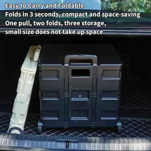 Folding Utility Shopping Cart,Rolling Plastic Cart with 2 Wheels and Lid,Large Capacity Collapsible Shopping Trolley for Home,Shop