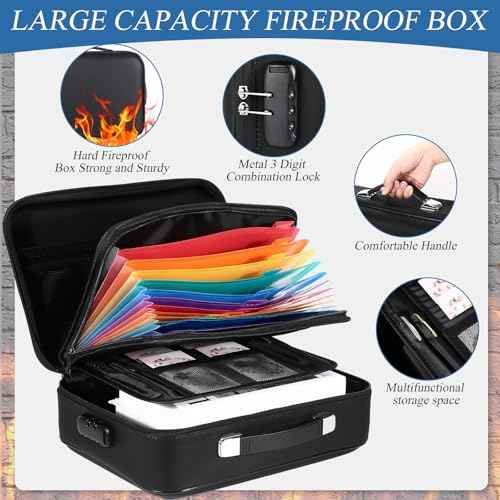 2 Pack Fireproof File Box and Fireproof Document Bag Set Large Document Box with Lock Waterproof Fire Resistant File Organizer for Cash Certificates Laptop Passports and Valuables