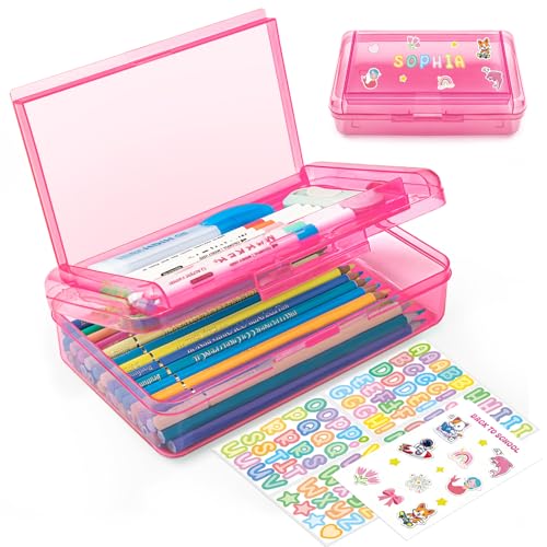 Pink Double Layer Clear Plastic Pencil Case with Stickers - YILANCOL