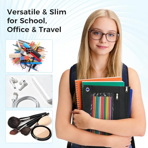 ASBEFORE Black Pencil Pouch for 3 Ring Binder with Zipper & Clear Window