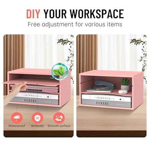 Wood Desk Organizer, 3 Tier Paper Tray Organizer for Desk with Adjustable Storage Shelves, Desktop Paper Sorter Mail Holder for Office Home Classroom, Pink