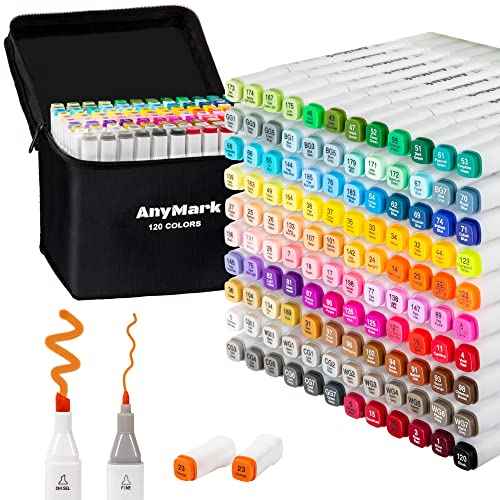 AnyMark Alcohol Markers, 120 Colors Dual Tip Art Coloring Markers Set for Kids Adult Book Drawing Sketching Painting, Chisel & Fine, White Penholder