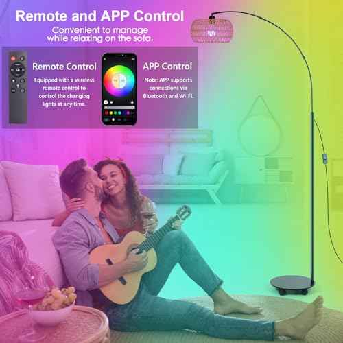 RGB Arc Floor Lamp with 3 Color Temperatures, Dimmable Rattan Boho Standing Lamp, APP and Remote Control, Modern Tall Lamp for Reading, Living Room, Bedroom, Office, Black