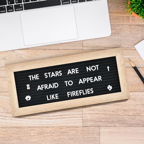 Small Felt Letter Board with 374 Letters, Numbers & Symbols - 12 x 5 inch Mini Changeable Message Board with Wooden Frame Wall Mount Hook (Black)
