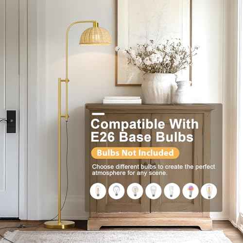 Oneach 65" Arc Floor Lamp for Living Room, Adjustable Height Gold Floor Lamps with Rattan Lampshade, Foot Switch, Boho Farmhouse Tall Lamp for Bedroom Corner Study Home Office
