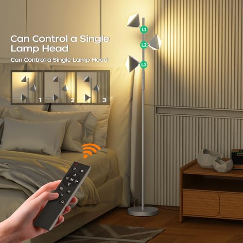 LED Tree Floor Lamp, 36W Dimmable Tall Standing Lamp with Remote & Touch Control, 2700K-6500K 4 Color Temperatures, 3 Rotatable LED Lights Floor Lamps for Living Room, Bedroom, Office - Silver