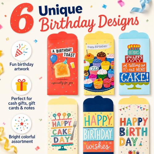 Backelele Birthday Envelopes Set of 6 - Colorful Money & Gift Card Holders for Birthdays