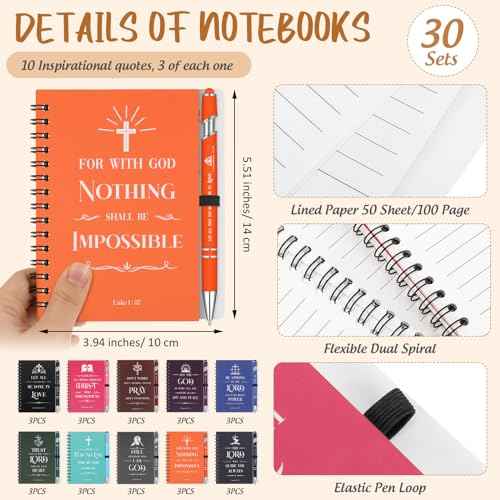 Glenmal 30 Sets Christian Gift Bulk Spiral Bible Notebooks for Note Taking Verse Bible Pens Inspirational Scripture Prayer Christian Study Journals Women Men Religious Gifts for Church