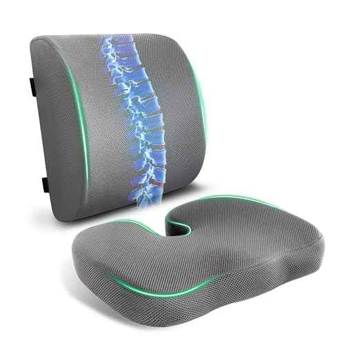 Seat Cushion & Adjustable Lumbar Support Pillow Set, Charcoal Memory Foam Back & Tailbone Pain Relief, Non-Slip & Washable Cover, for Office Chair, Car Seat, Wheelchair - Grey