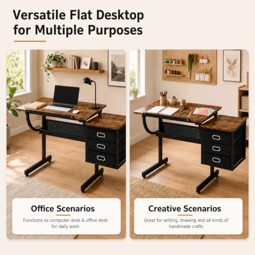 Adjustable Drawing Table with 3 Fabric Drawers & Stool - Black