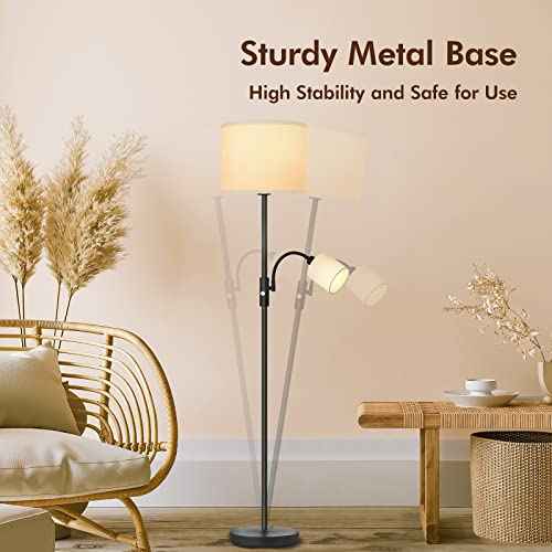 Floor Lamps Standing Lamp, Bright Stand up Lamp with Reading Light, White Lampshade, 62" Tall, 3-Way Rotary Switch, Black Corner Light for Bedroom Office, Modern Living Room Decor(LED Bulbs Included)