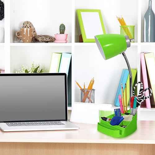 Simple Designs LD1094-GRN 18.5" All-in-One Gooseneck Desk Lamp with iPad Stand, Book Holder, and Convenient Charging Outlet, for Office, Bedroom, Living Room, Green