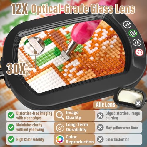 Black 30X 12X Rectangle Magnifying Glass with Light & Stand - Real Glass Lens