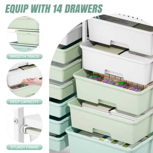 APEXCHASER 14-Drawer Rolling Storage Cart with Tabletop & Pegboard – Green