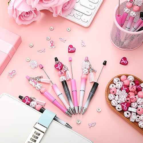 Colarr 60 Pcs Pink Ribbon Beadable Pen Breast Cancer Awareness Bulk Items Plastic Beadable Pens Breast Cancer Pens DIY Pens Making Kit DIY Beaded Pen for Students Women Girls Office School Supplies