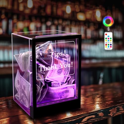Lighted Up Tip Jar with Large Opening - LED Light & Lock, Donation Box with Sign Holder ''Tips! Thank You!'', Suggestion Box With Diy Blank Sign Holder For Taking Cards,Polls,And Ballots For Bar,Party