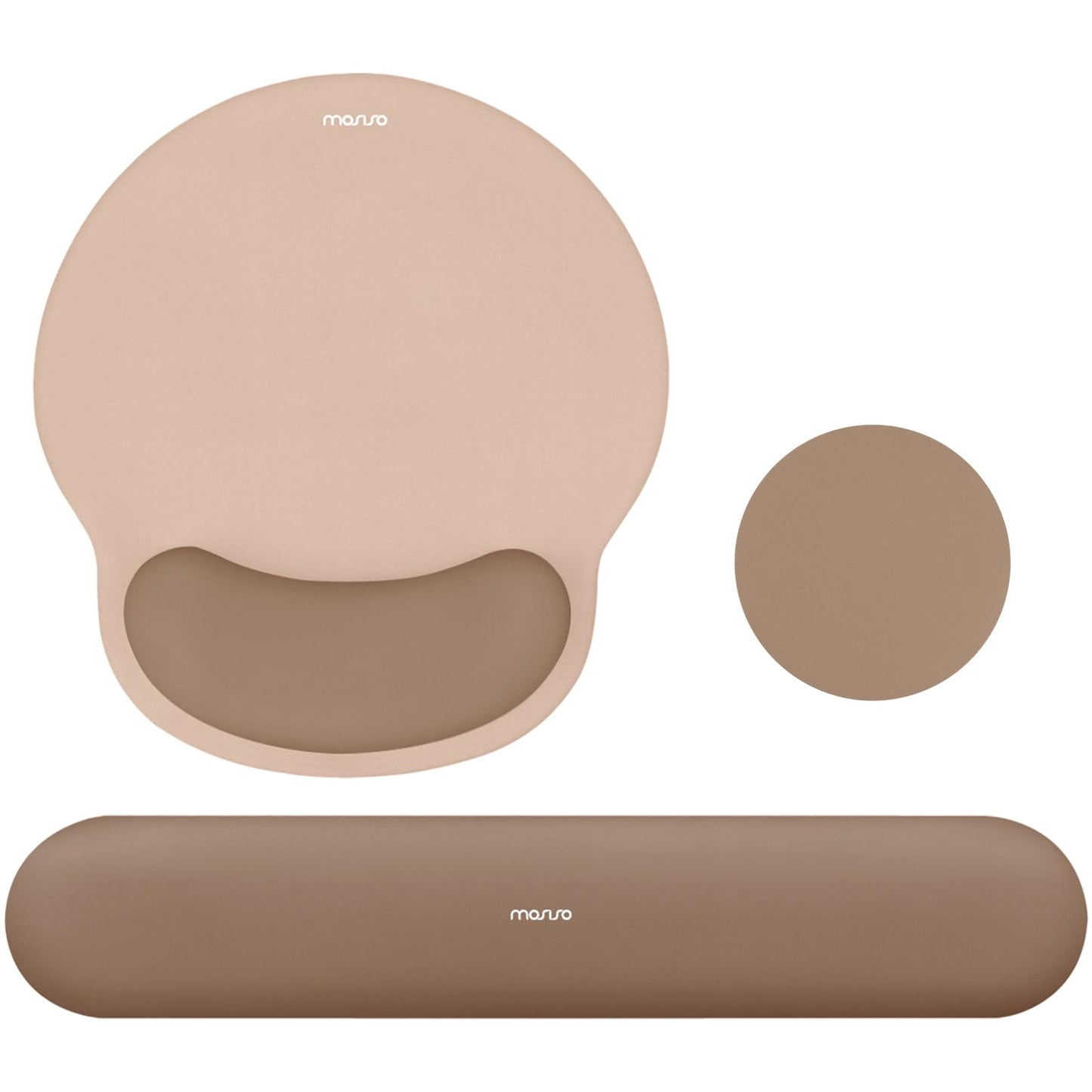 MOSISO Wrist Rest Support for Mouse Pad&Keyboard Set, Circle Curved Ergonomic Mousepad&Coaster Non-Slip Base Home/Office Pain Relief&Easy Typing Pad with Soft Cloth&Silicone Lining, Mocha