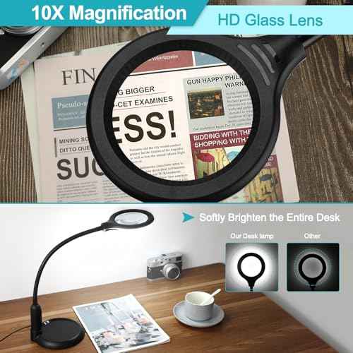 10X Magnifying Glass with Light and Clamp, 5 Color Modes Stepless Dimmable Lighted Magnifier with Stand, Flexible Gooseneck LED Desk Lamp Hands Free for Craft Reading Painting Hobby Close Work