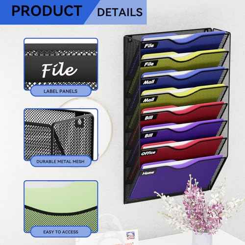 8 Pockets Mesh Hanging Wall File Holder Organizer Wall Mounted Paper Magazine Rack, Black
