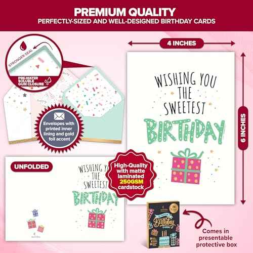 Decorably 24 Pack Foiled and Glittery 6x4in Assorted Birthday Cards with Envelopes and Stickers, 24 Unique Designs Box of Birthday Cards with Envelopes with Printed Message Inside