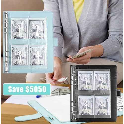 2PCS 100 Envelopes Money Saving Challenge, Envelopes Challenge Binder, Achieving Financial Goals with a Budget Binder and Cash Envelopes, Successfully Reach Your Savings Goals of $5,050 (Blue+Black)