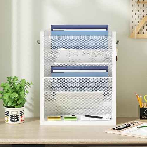 Hanging Wall File Organizer, 6 Tier Wood Wall File Holder with 2 Hooks, Mail Organizer Wall Mounted with Bottom Flat Tray, Vertical Paper Desk Storage for Office, Home, White