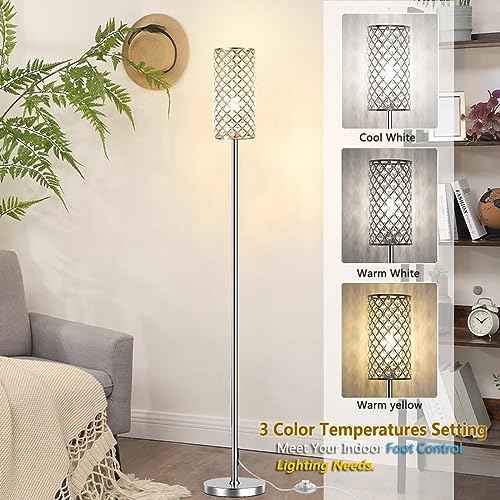 Crystal Floor Lamps - Modern Silver Standing Lamp with 3 CCT LED Bulbs for Elegant Home Decor Living Room and Bedroom Lighting