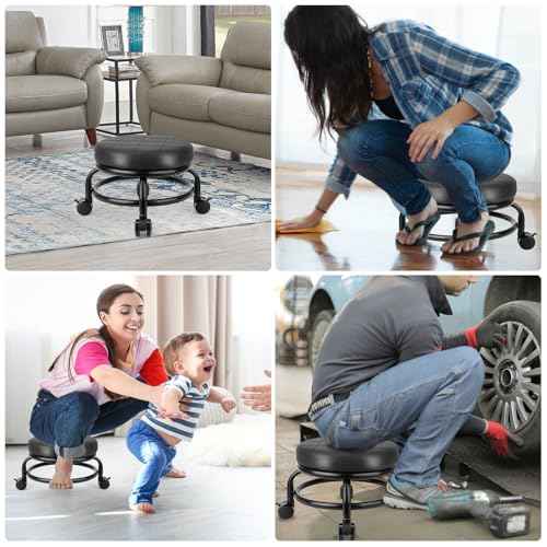 Low Roller Stool Low Height Rolling Stool Seat PU Leather Small Chair Foot Stool Round Rolling Stools for Home Office Garage Shop (Black)