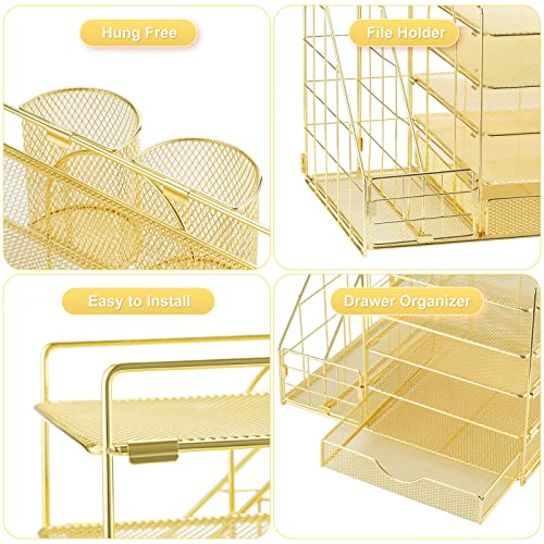 Marbrasse Rose Gold Desk Organizer with File Holder, 5-Tier Paper Letter Tray Organizer with Drawer and 2 Pen Holder, Mesh Desktop Organizer and Storage with Magazine Holder for Office Supplies