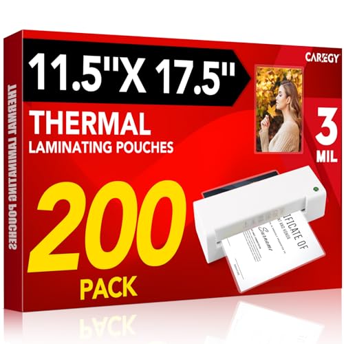 CAREGY 200 Pack Laminating Sheets, Hold 11 x 17 Inch Sheet, 3 Mil Clear Thermal Laminating Pouches 11.5 x 17.5 Inch Lamination Sheet Paper for Laminator, Round Corner