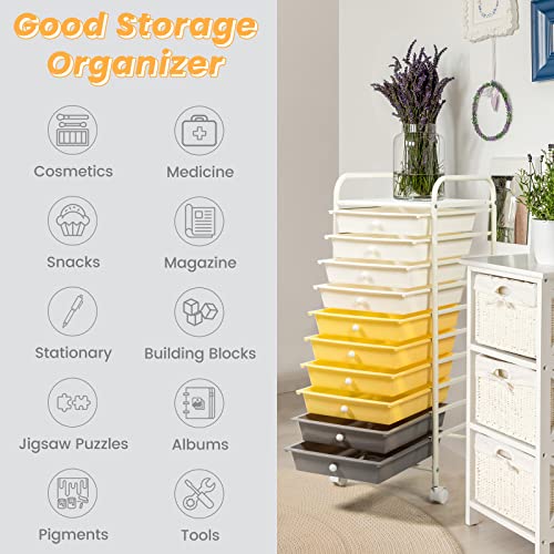 MEDIMALL 10 Drawers Rolling Storage Cart, Multipurpose Craft Storage Cart with Wheels, Mobile Tools Scrapbook Paper Organizer Cart for Office School Home Use (Yellow)