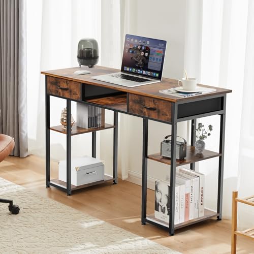 DUMOS 48" Small Computer Home Office Desk for Bedroom with Drawers, Gaming Writing Study Table with Storage Shelf, Adjustable Feet, Metal Frame Rustic Brown