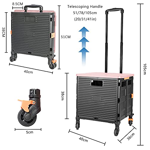 Quick Utility Cart Folding Portable Rolling Crate Handcart with Durable Heavy Duty Plastic Telescoping Handle Collapsible 4 Rotate Wheels for Travel Shopping Moving Luggage Office Use (black&pink lid)