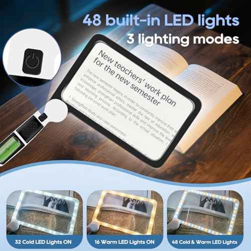 [Upgraded] 5X Magnifying Glass with Light, 48 LED Handheld Full Page Magnifier for Reading, Seniors, Low Vision, Foldable, Battery Powered, Great Gift for Parents & Elderly