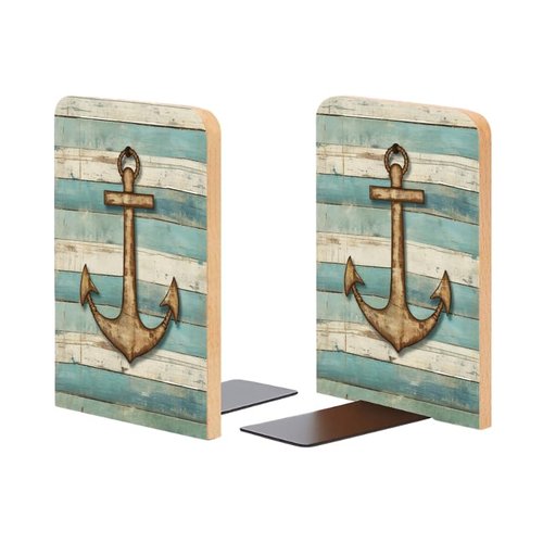 Wood Bookends Non-Slip Bookends Book Stand for Shelves Books/CD - Rustic Anchor Wood Grain