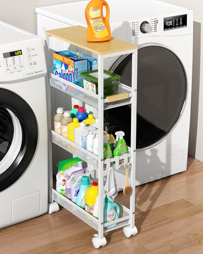 TIPGO 4-Tier Slim Utility Rolling Laundry Cart with Wheels, White, 7.2"
