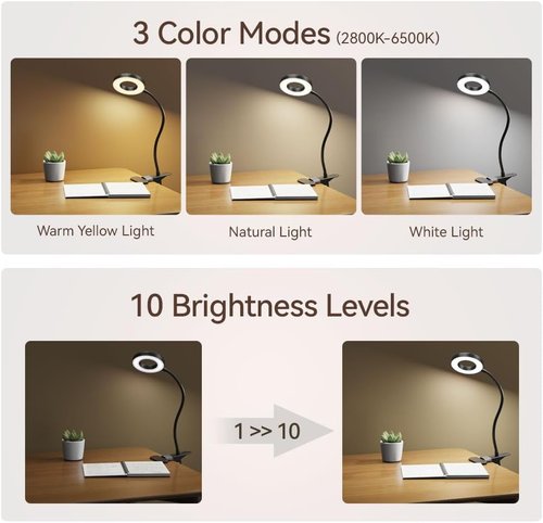 LED Desk Lamp by [Brand Name] - Clip-On Light with 3 Color Modes & 10 Brightness Levels | 360° Adjustable Neck