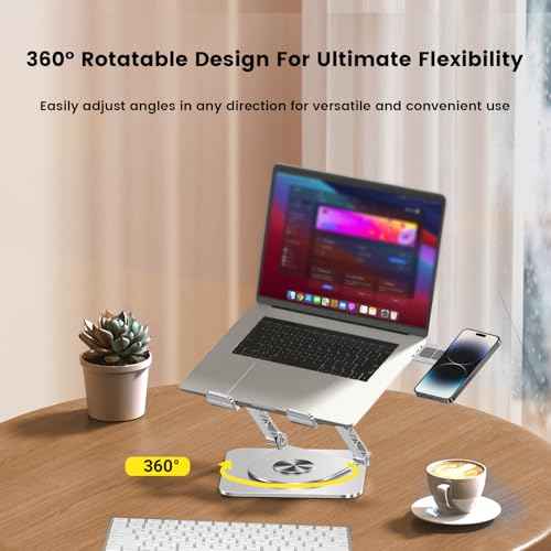 Laptop Stand with Magnetic Phone Holder for Desk, Ergonomic Foldable Laptop Riser with 360¡Æ Rotating Base, Compatible with MacBook Pro, Fits 10-16 Inch Notebook