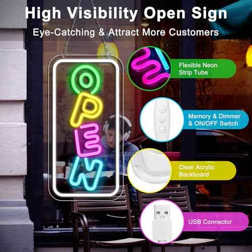 inShareplus 16.2"x 9.1" Super Bright Open Sign, Adjustable Neon Open Sign, Signs for Business Window, Powered by USB with ON/OFF, for Stores, Restaurant Bar Hotel Wall (Vertical)