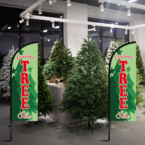 Leinuosen 2 Set 7 ft Christmas Tree Sale Feather Flags with Pole Kit Christmas Tree Sale Swooper Advertising Flag Include 2 Banner 10 Pole and 2 Ground Spikes for Holiday Business