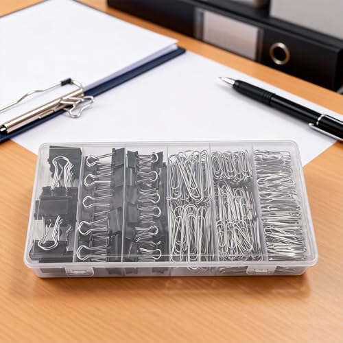 DENGXINWEI 350 Pcs Paper Clips & Binder Clips Set, Black - Assorted Sizes