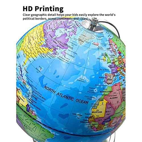 Illuminated World Globe with Stand, 9" Earth Globes with Stable Heavy Metal Base for Kids Classroom Learning, LED Constellation Globe Night Light with HD Printed Map
